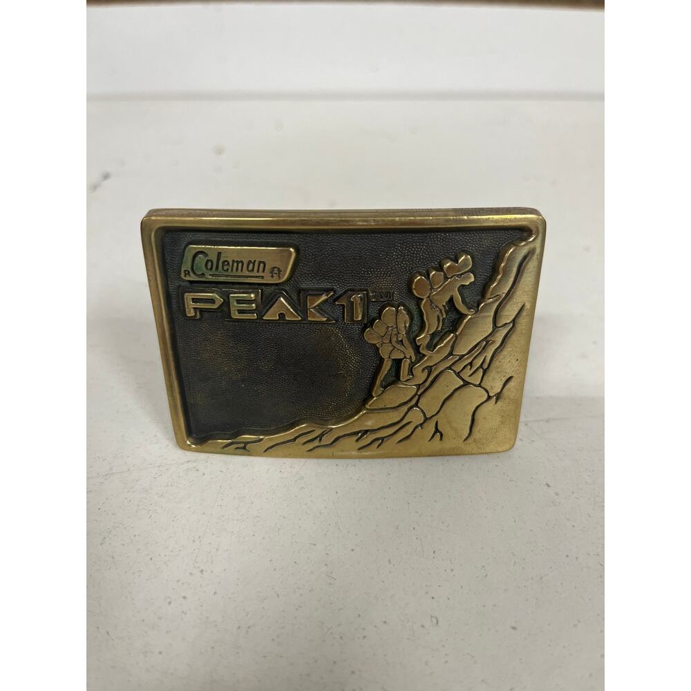 Coleman Peak 1 Promo Brass Belt Buckle Backpacking Hiking Sportsman Vtg 1980